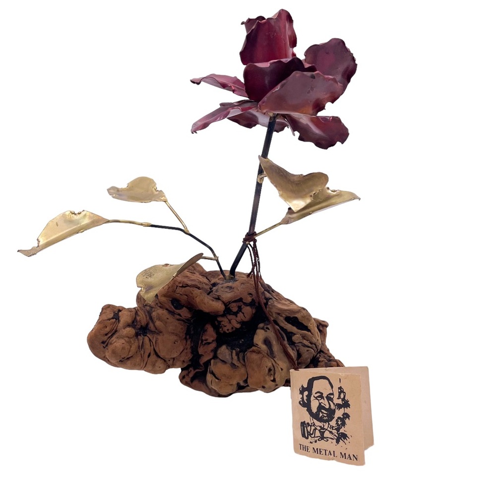 Metal Rose Flower Sculpture on Wood by The Metal Man